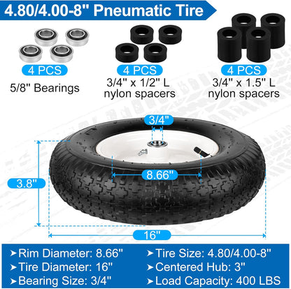 4.80/4.00-8" Wheelbarrow Tubed Tires and Wheels, 16" Universal Fit Pneumatic Tires with 3/4" or 5/8" Bearing, 3"-7" Hub, Adapter Kit Hand Truck Wheels Replacement for Garden Trailer, Wagons, 2 PCS