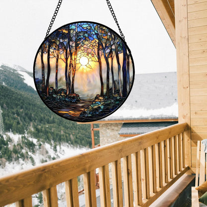 Stained Glass Window Hanging, Forest Sunrise Smoke Blue Brown Tree Suncatcher for Doors Window Home Landscape Sun Catchers Decor Mother's Day Birthday Gifts for Women, Men Mom 11.8 in