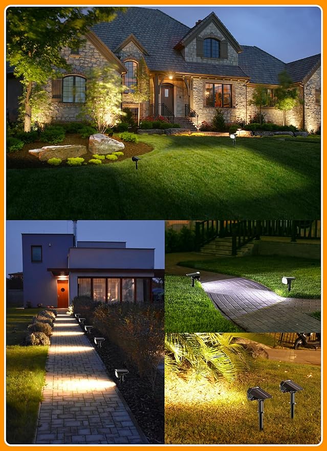 Brightown Solar Lights Outdoor Waterproof IP67, [Cool & Warm Light 2-in-1] Solar Spot Lights Outdoor, 2 Colors 3 Brightness Levels LED Outdoor Solar Lights for Yard Pathway Garden House, 4 Pack