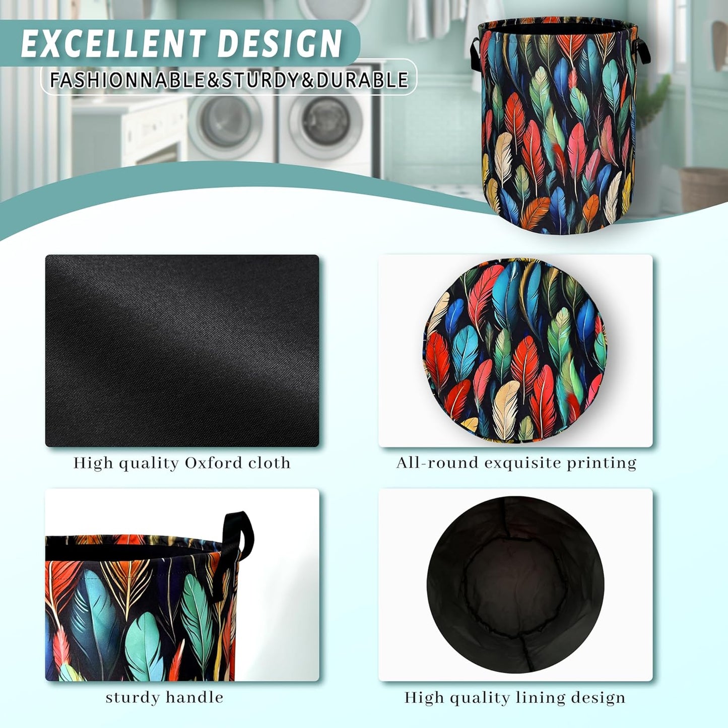 Feathers Laundry Basket Foldable With Handles Funny Tote Bag Oxford Cloth Colorful Feather Laundry Hamper Clothes Storage Bucket Toy Organizer For Bathroom/Laundry/Bedroom 18.9" x 16.5 "