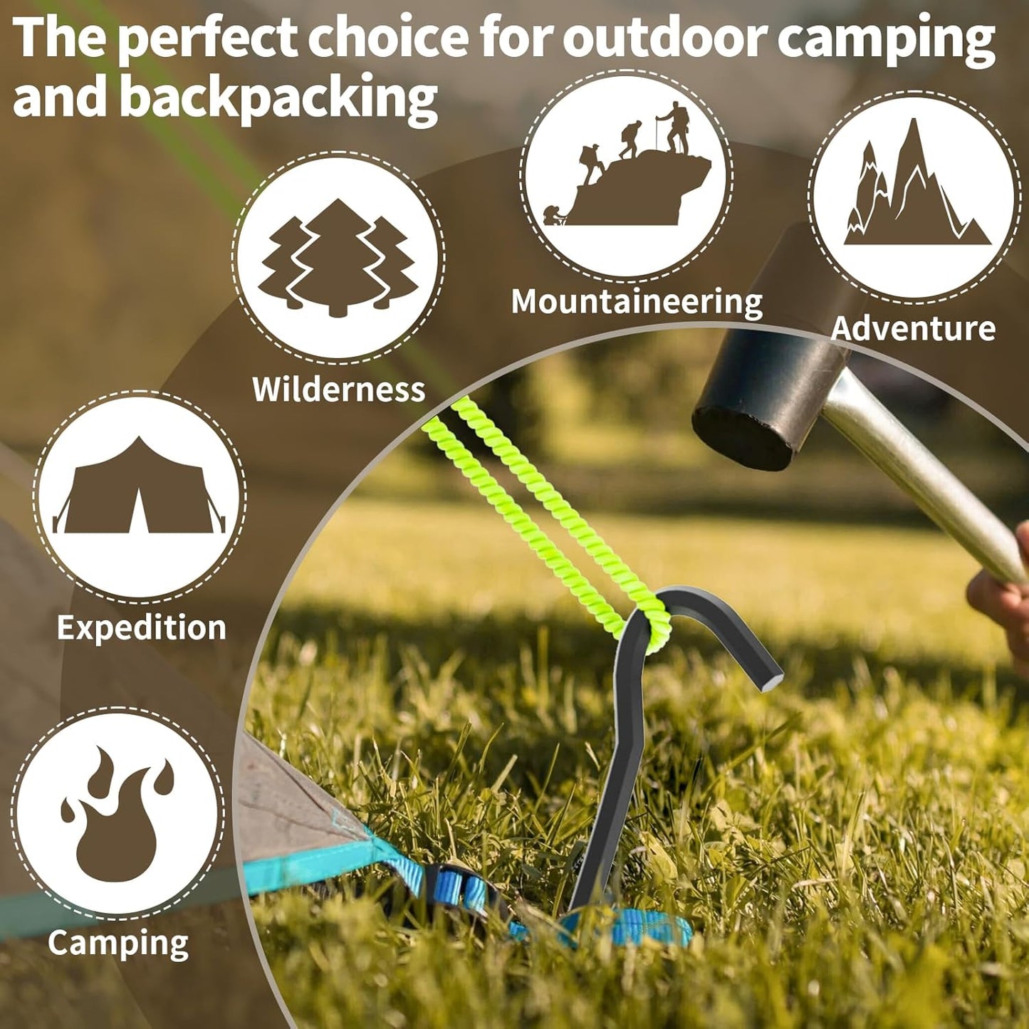 10Pcs Metal Tent Pegs with Hooks. 7 inches Durable Garden Stake Ground Anchors Awning Metal Hooks. Heavy Duty, Waterproof & rustproof, Ideal for Camping, Yard Decor, Picnic & tarp(Black)