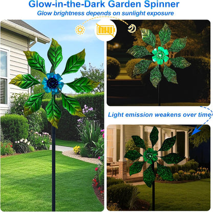 Glow-in-Dark Metal Wind Spinner for Yard and Garden, Outdoor Luminous Wind Spinners Yard Art Garden Decor (13.4" W x 47" H) Blue