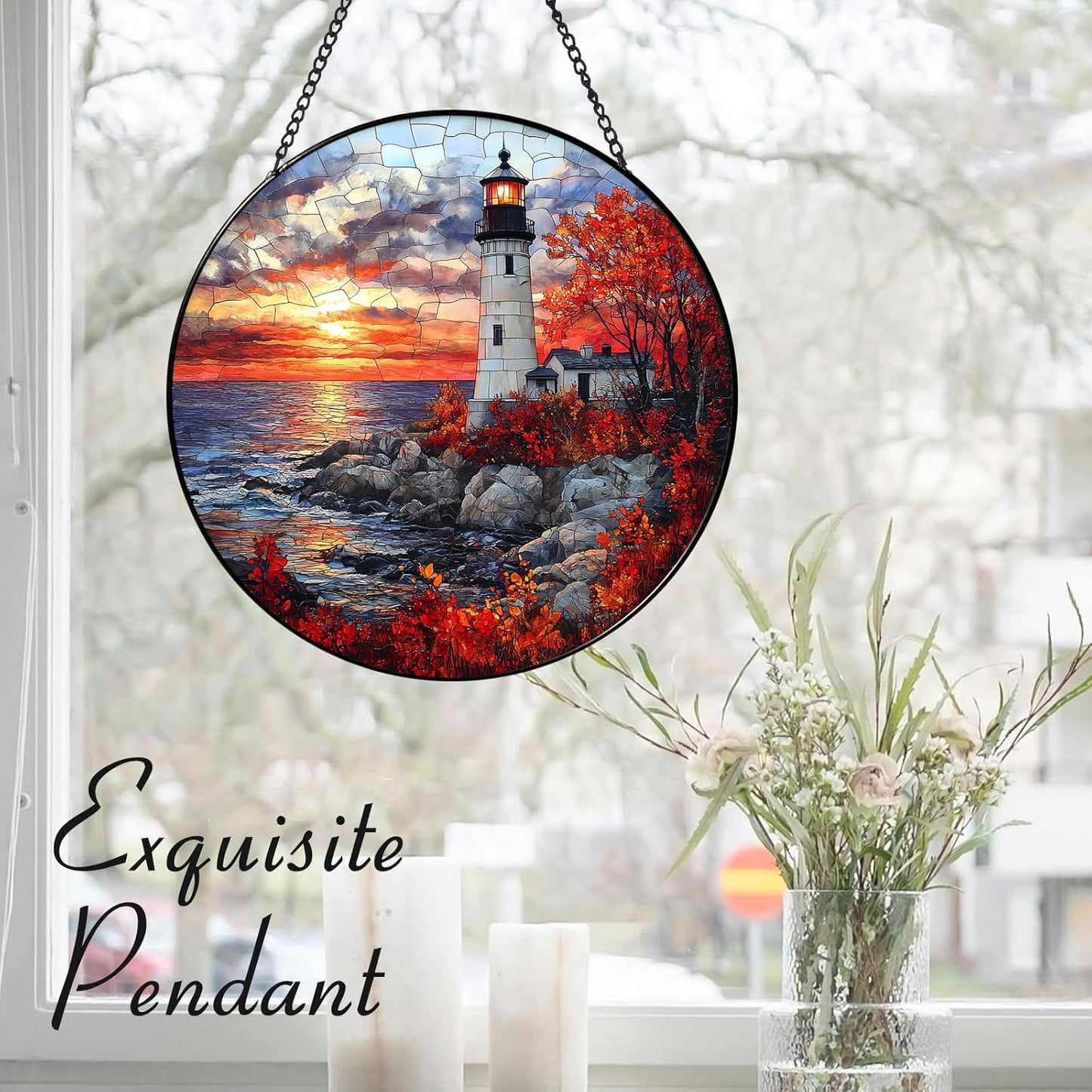 Coastal Lighthouse in Autumn Suncatcher -7.9 in Stained Glass Window Hanging Sun Catcher Garden Decor