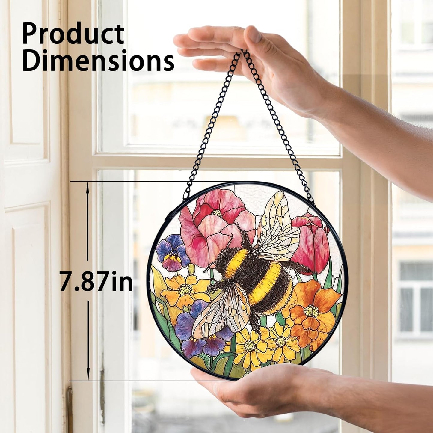 TNUW Bee Flower Stained Glass Window Hanging, Cottagecore Honey Bee Wildflower Sun Catchers Indoor Window Glass Round Wall Art Decor, Floral Wall Hanging Decorations, 7.9＂x7.9＂