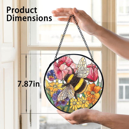 TNUW Bee Flower Stained Glass Window Hanging, Cottagecore Honey Bee Wildflower Sun Catchers Indoor Window Glass Round Wall Art Decor, Floral Wall Hanging Decorations, 7.9＂x7.9＂