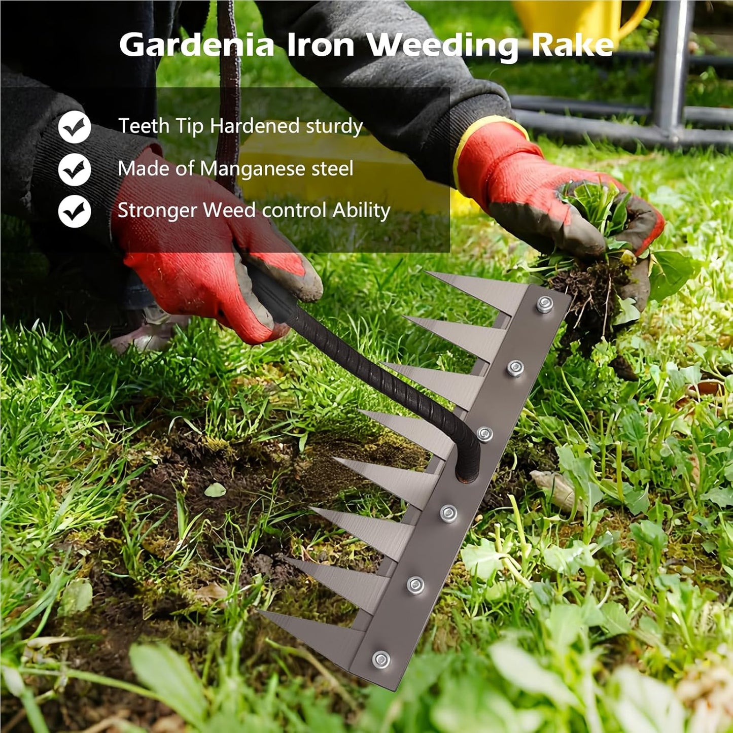 Iron Weeding Rake 2.0, New 5/6/7/8 Teeth Carbon Steel Garden Weeder Rakes, Weeder Puller Tool for Yard Lawn and Garden, Heavy Duty Metal Rake for Lawn, Flower Beds & Soil Aeration (7 Teeth)