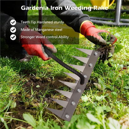 Iron Weeding Rake 2.0, New 5/6/7/8 Teeth Carbon Steel Garden Weeder Rakes, Weeder Puller Tool for Yard Lawn and Garden, Heavy Duty Metal Rake for Lawn, Flower Beds & Soil Aeration (7 Teeth)