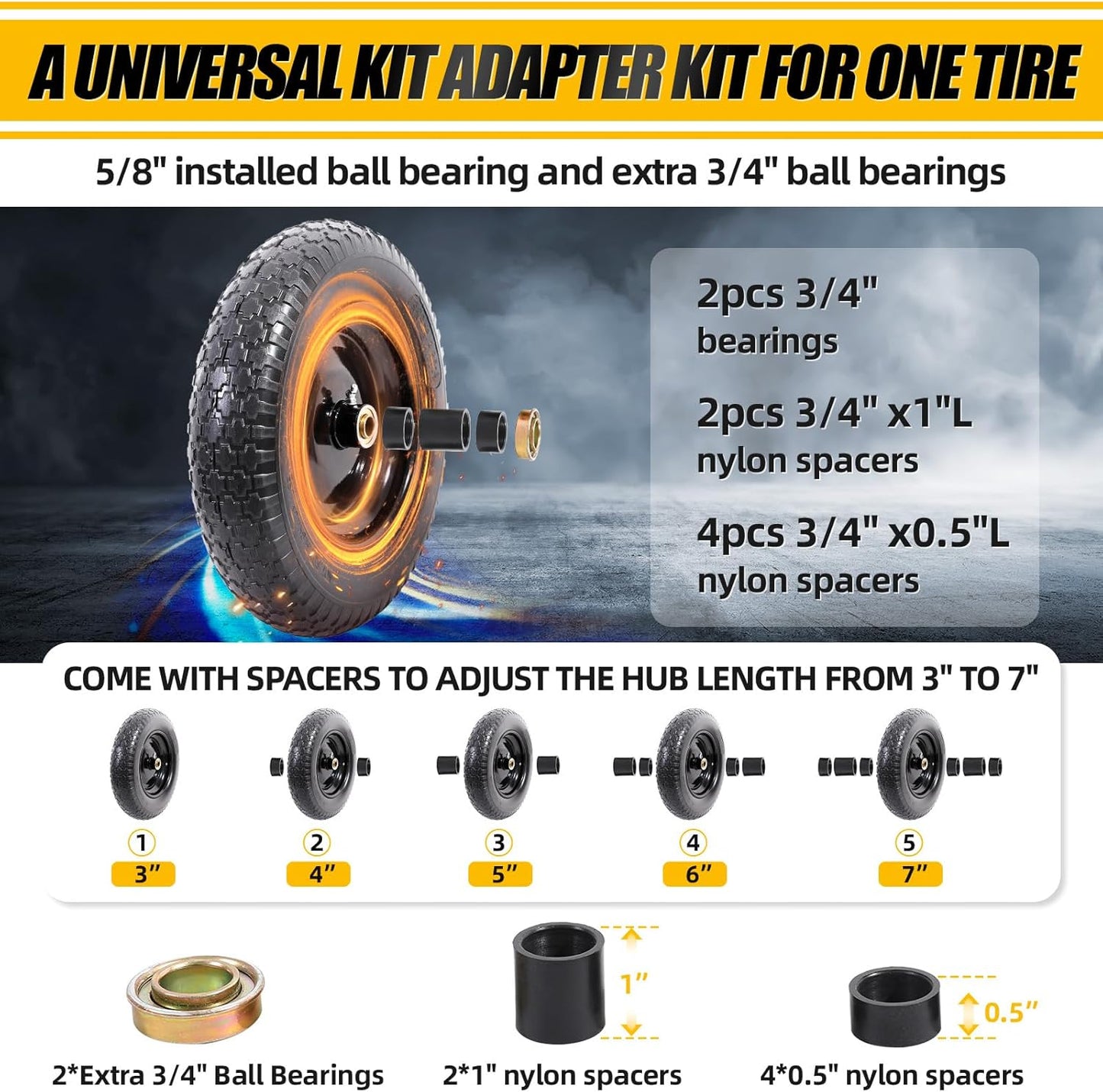 MZREXN 14.5" Wheelbarrow Tire Flat-Free 3.00/3.25/3.50/4.00-8" Solid Tire and Wheel with 3"-7" Centered Hub, 3/4" & 5/8" Bearings Replacement for Hand Truck/Dolly/Utility Cart/Garden Cart 1PCS Black