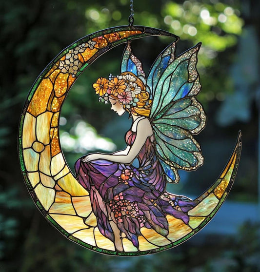 Fairy Moon Window Hanging Suncatcher Faux Stained Hummingbirds and Flowers for Women Elegant Home
