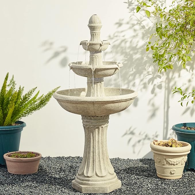 Glitzhome Water Fountain Outdoor Floor-Stand Fountains with LED Light & Pump, Oversized 3 Tier Terrazzo Waterfalls Patio Fountain and Waterfalls Outdoor Yard Fountains for Lawn Garden Backyard Deck