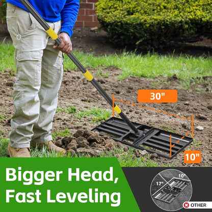 Lawn Leveling Rake 30”x10” Large Heavy Duty Metal Lawn Leveler with 65” Long Adjustable Handle Proffesional Yard Leveling Rake for Soil Dirt Sand Compost Efficient Lawn Leveling Tool