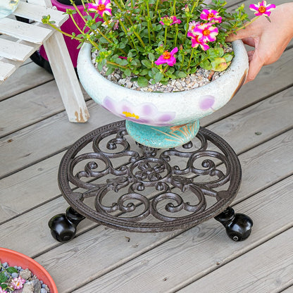 Sungmor Heavy Duty Cast Iron Plant Caddy,11" Round Potted Plant Stand Flower Pot Rack on 3 Solid Wheels,Indoor Outdoor Planter Holder Trolley Casters Rolling Tray
