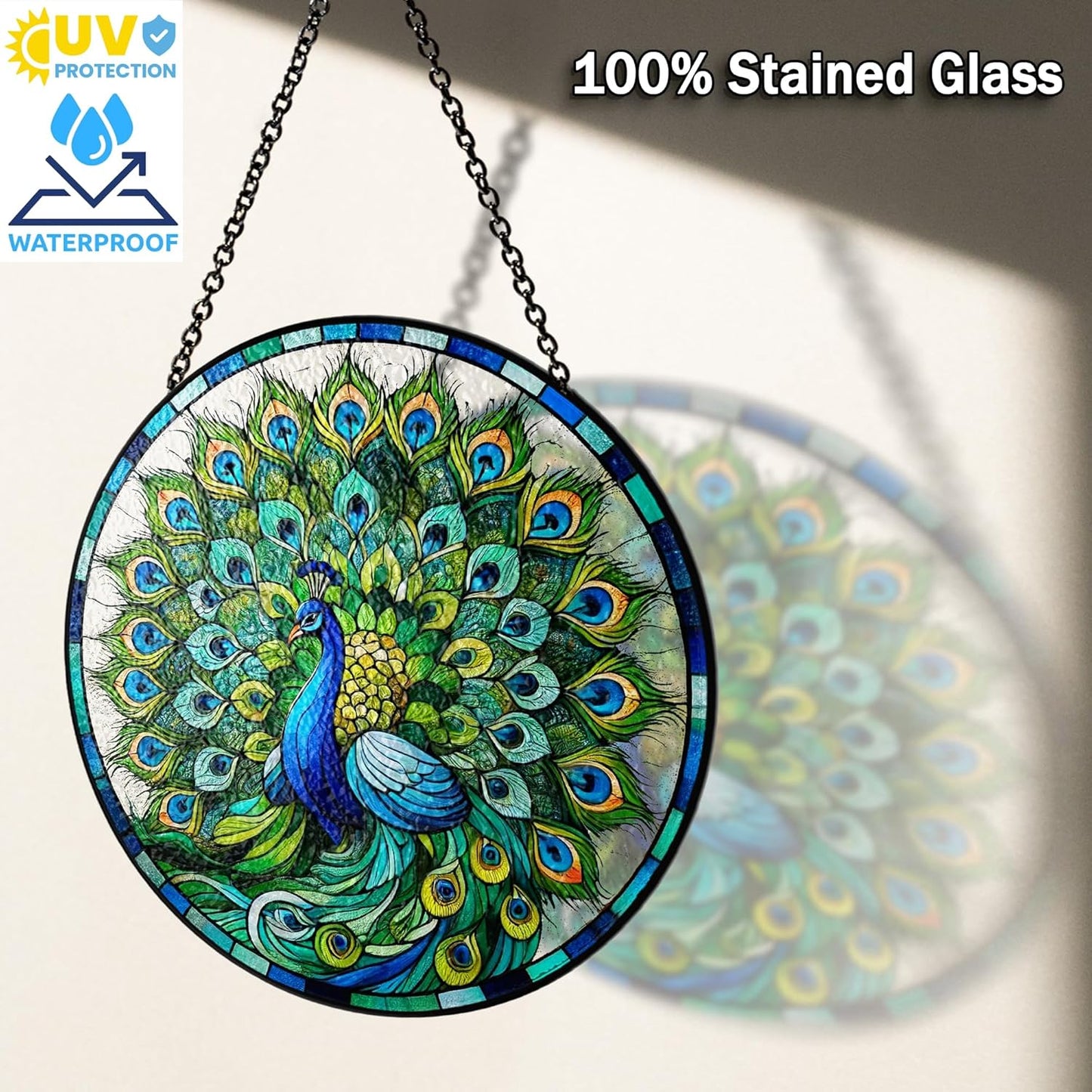 7.8" Peacock Stained Glass Suncatchers Wall Art Decor Exotic Birds Sun Catcher Window Garden for Animal Peacock Lovers Women Grandma Mom Nature Themed Painted Glass Panel ANI-07A-SG8