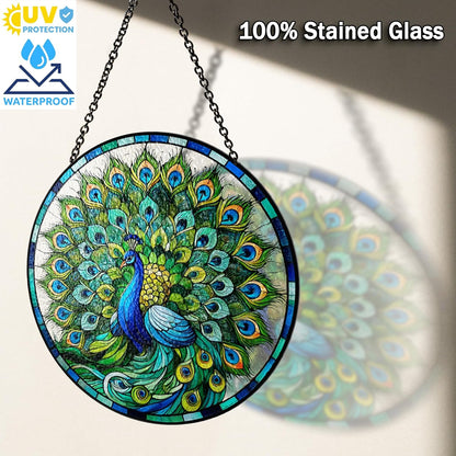 7.8" Peacock Stained Glass Suncatchers Wall Art Decor Exotic Birds Sun Catcher Window Garden for Animal Peacock Lovers Women Grandma Mom Nature Themed Painted Glass Panel ANI-07A-SG8