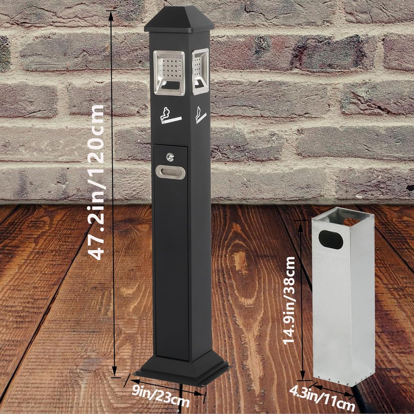 120cm Standing Waste Containers Trash Cans, Rubbish Bin Indoor Outdoor Stainless Steel Vertical Freestand Trash Bin with Key,Pub Hotel Restaurant Garden Standing Bin (B)