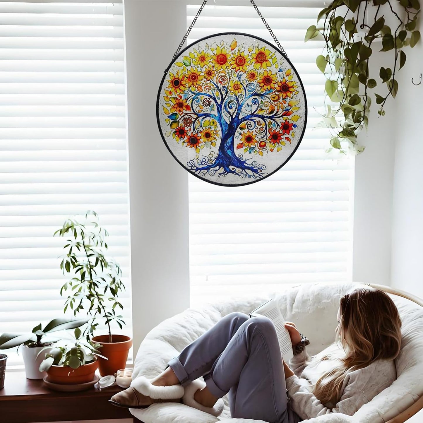 Tree of Life Stained Glass Window Hanging, Sunflower Tree Sun Catchers Indoor Window, 9.8'' Suncatchers for Windows Hanging Christmas, Birthday Gifts for Women, Men