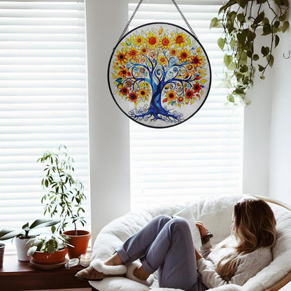 Tree of Life Stained Glass Window Hanging, Sunflower Tree Sun Catchers Indoor Window, 9.8'' Suncatchers for Windows Hanging Christmas, Birthday Gifts for Women, Men