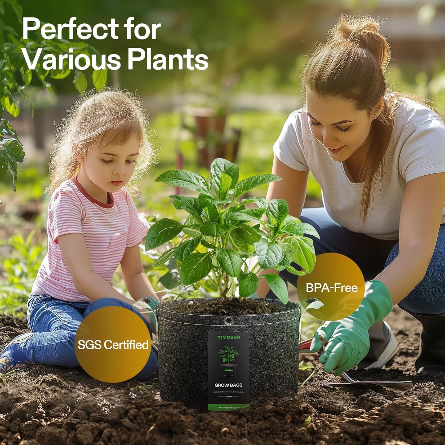 VIVOSUN 5-Pack 10 Gallon Grow Bags, 500G Thick Nonwoven Fabric Pots with Strap Handles, Multi-Purpose Rings, for Low Stress Plant Training Fruits, Vegetables, and Flowers