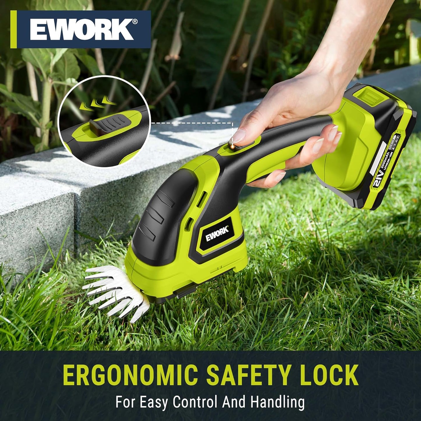EWORK 21V Cordless Hedge Trimmer & Grass Shears 2-in-1 Handheld Small Electric Bush Trimmer with 2x2.0Ah Battery and Charger, Battery Powered Shrub Trimmer for Garden, Yard, Lawn Maintenance