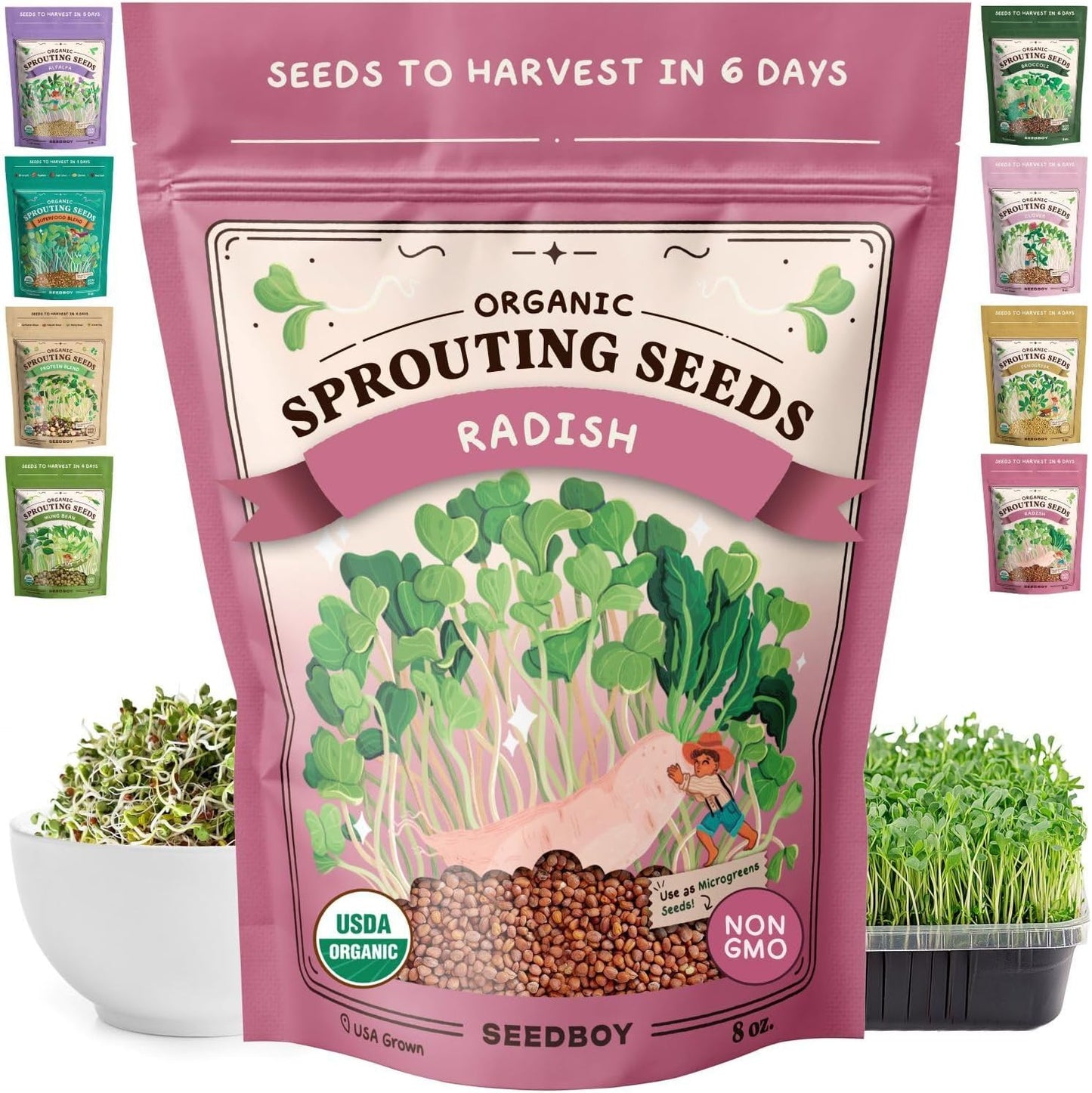 Seedboy Organic Non-GMO Radish Seeds for Sprouting - USA Grown Microgreens Sprouting Seeds - 8 oz Bag Makes 8 Quarts / 24 Servings (Daikon Radish)