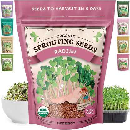 Seedboy Organic Non-GMO Radish Seeds for Sprouting - USA Grown Microgreens Sprouting Seeds - 8 oz Bag Makes 8 Quarts / 24 Servings (Daikon Radish)