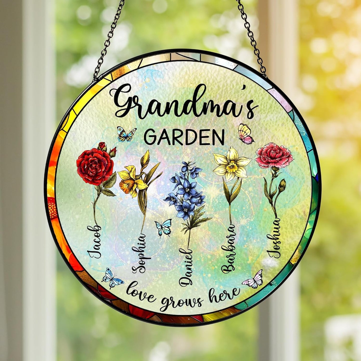 NAZENTI Personalized Grandma's Garden Stained Glass Suncatcher with Birth Month Flowers, Custom Mom's Garden Window Hanging Ornament, Mothers Day Grandma Mom Gifts, Gifts for Nana Mimi