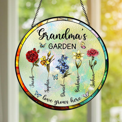 NAZENTI Personalized Grandma's Garden Stained Glass Suncatcher with Birth Month Flowers, Custom Mom's Garden Window Hanging Ornament, Mothers Day Grandma Mom Gifts, Gifts for Nana Mimi