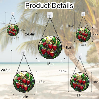 Stained Glass Suncatcher, Red Strawberry Green Leaf Sun Catcher Silver Background Stain Glass Window Hanging Decoration Mother's Day Birthday Gifts for Women Men Mom Nana 11.8 in