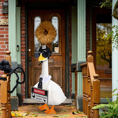 Police Goose Outfits 23” Cement Porch Goose Police Hat Eyeglasses Tie Wooden Warning for Yard and Patio Decoration (Police)
