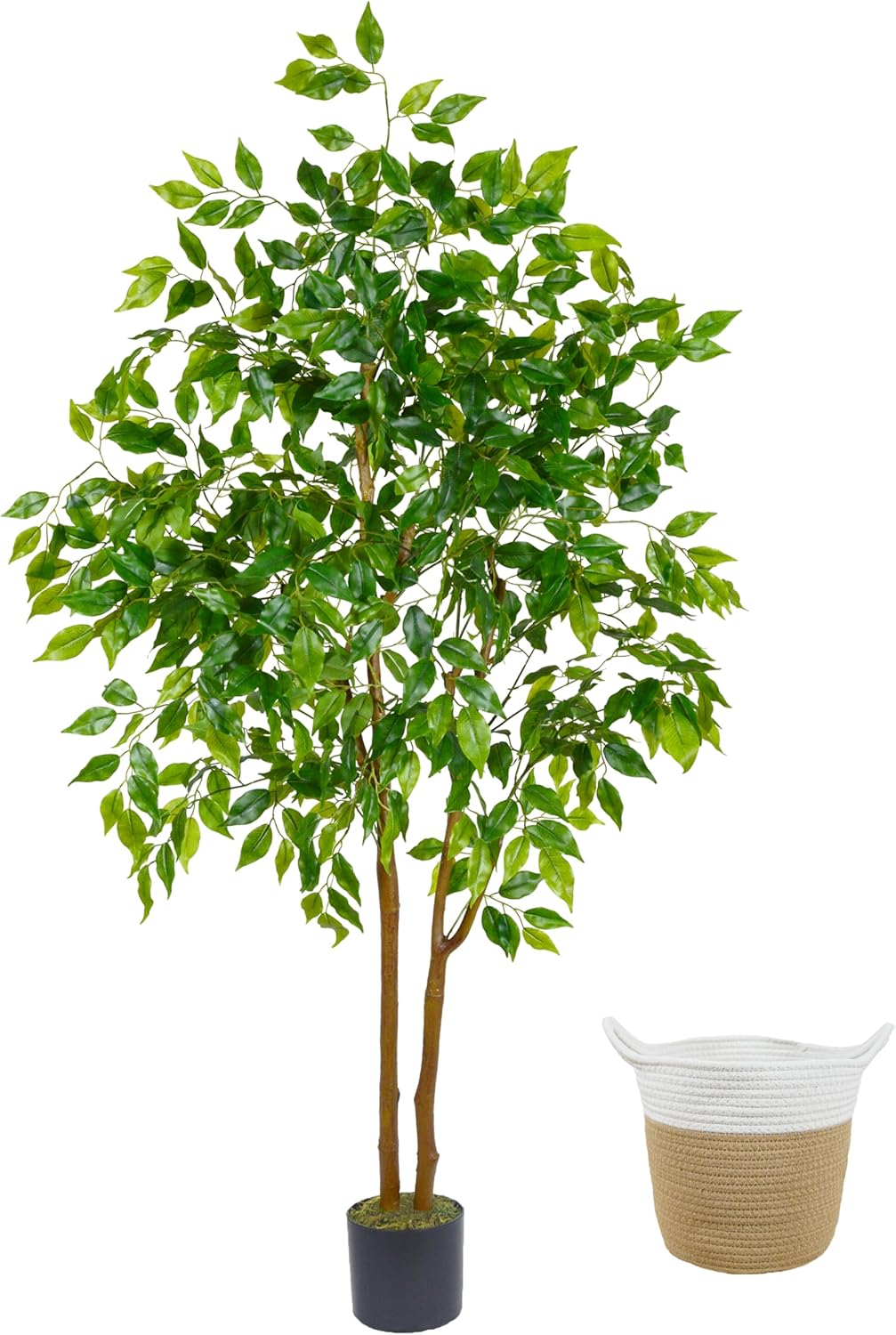 Artificial Ficus Tree, 5ft Tall Fake Ficus Tree with Basket, Faux Plant for Indoor Outdoor Home Livingroom Office Garden Porch Décor