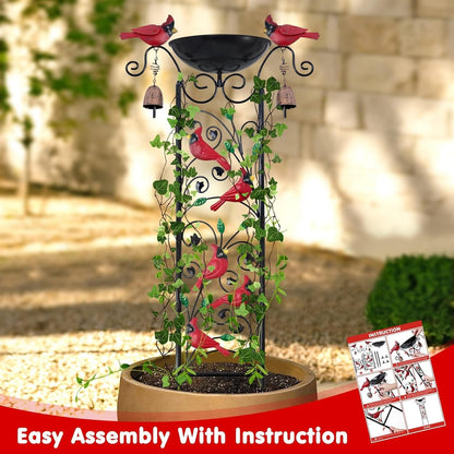Cardinal Bird Bath Garden Trellis for Climbing Plants Outdoor Wind Chime Decor Red Birds Feeder Yard Sign Spring Lawn Decorations Housewarming Christmas Appear Memorial Gift for Bird Watcher Gardener