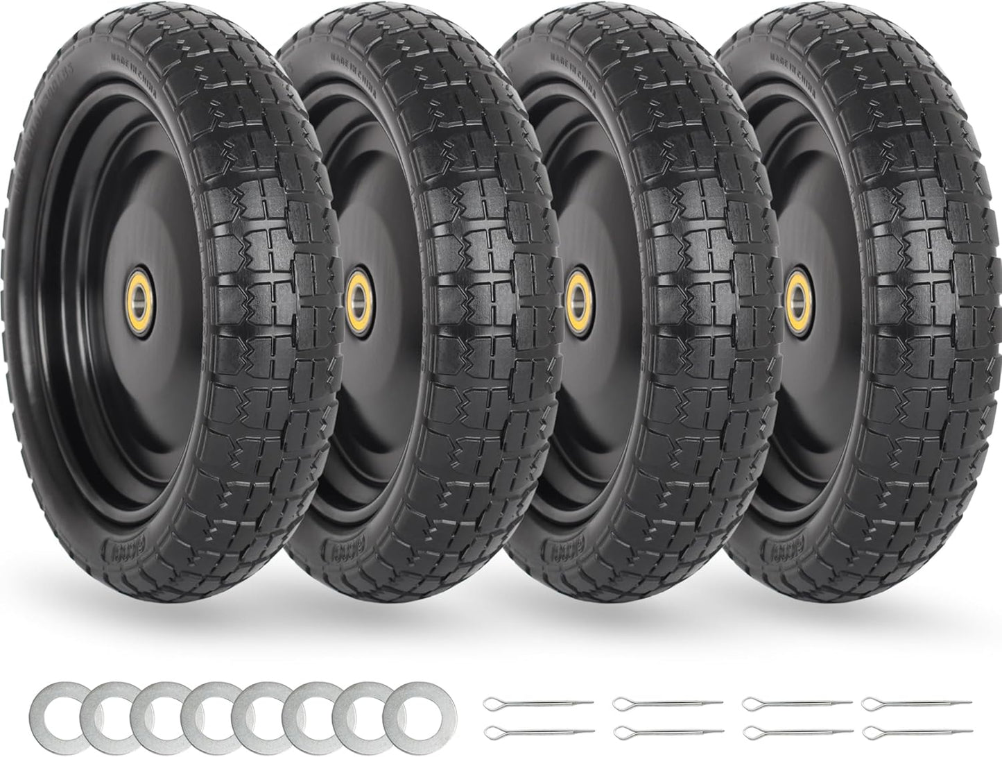 13" Flat-free Solid Tire and Wheel Replacement, with 5/8" Axle Bore Hole, 2.2" Offset Hub for Wheelbarrow Garden Wagon Trolley Dolly (4-pcs)