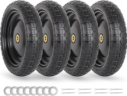13" Flat-free Solid Tire and Wheel Replacement, with 5/8" Axle Bore Hole, 2.2" Offset Hub for Wheelbarrow Garden Wagon Trolley Dolly (4-pcs)