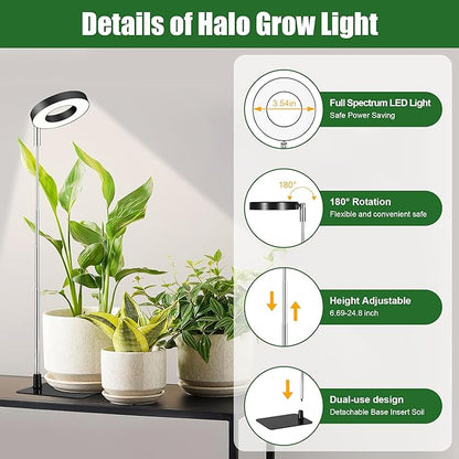 48 LEDs Full Spectrum Grow Lights for Indoor Plants, Height Adjustable, Small Black Halo Plant Light with Base, 3 Light Modes, 10 Brightness, Auto Timer 3/9/12H, 2 Pack
