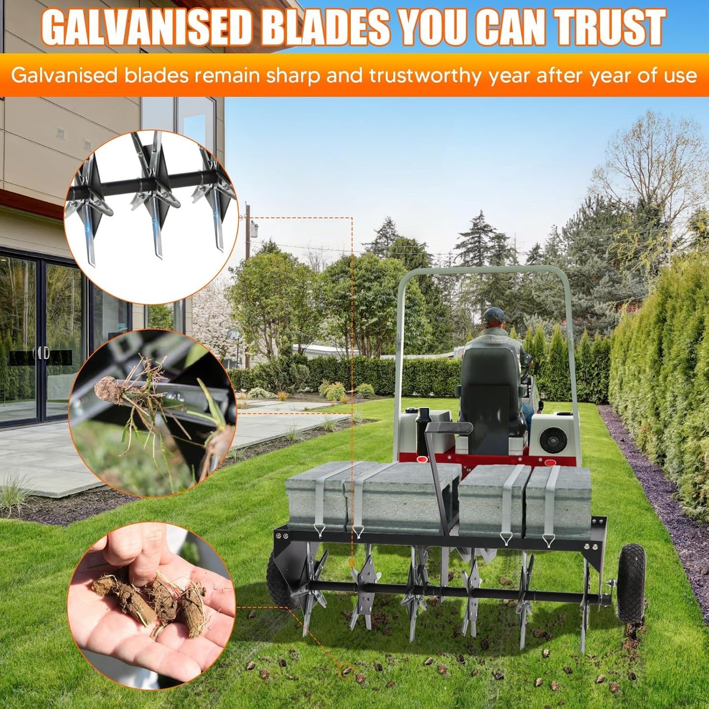 48" Tow Behind Plug Aerator with Transport Wheels, Plug Aerator Tow Behind with 30 Galvanised Steel Tines, Tow Behind Aerator for Gardens, Lawns, Farms