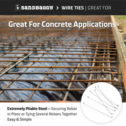 Sandbaggy Double Loop Rebar Wire Bar Ties | 16 Gauge | Made of Industrial Grade Wire | Great for Securing Rebar, Sandbags & More | Extra Long Length (12 Inch Length, Pack of 100)
