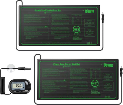 iPower Durable Seedling Heat Mat Warm 10" x 20" - 2 Pack Hydroponic Heating Pad Waterproof and A Digital Thermometer for Seed Starting Greenhouse and Germination