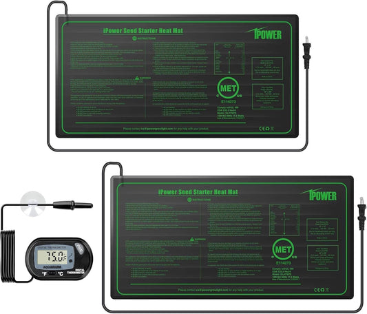 iPower Durable Seedling Heat Mat Warm 10" x 20" - 2 Pack Hydroponic Heating Pad Waterproof and A Digital Thermometer for Seed Starting Greenhouse and Germination