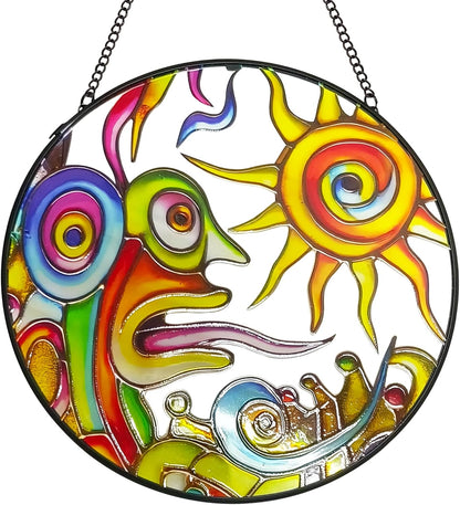Artistic Sunrise Suncatcher Stained Glass Window Hanging, 7.9'' Abstract Sun Face Suncatchers Garden Hangings with Metal Chain