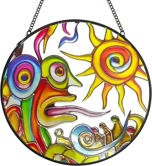 Artistic Sunrise Suncatcher Stained Glass Window Hanging, 7.9'' Abstract Sun Face Suncatchers
