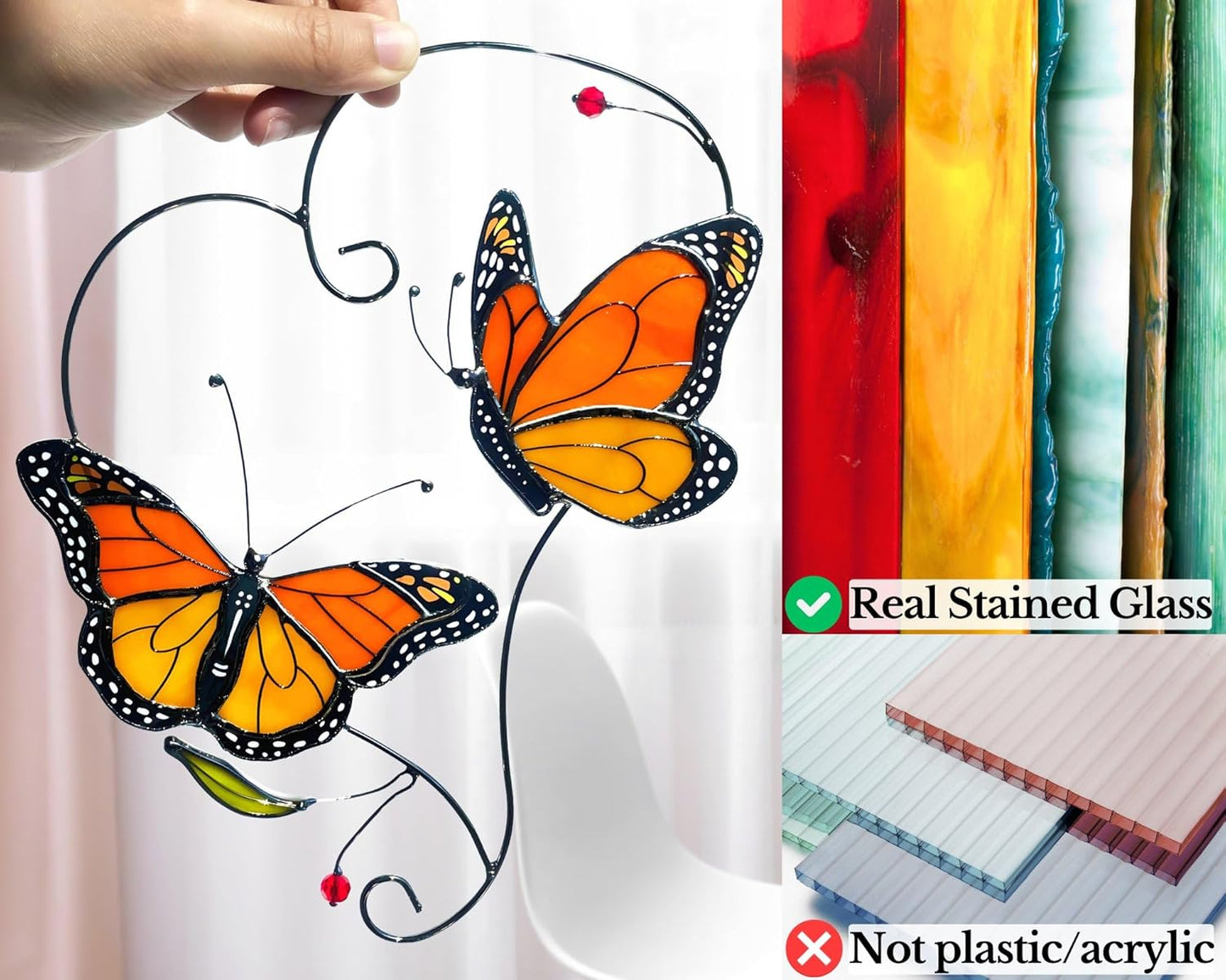 Monarch Butterfly (1 Pair) Stained Glass Suncatcher for Mom, Grandma, Women - Real Glass Window Hanging Ornament - Handmade Butterflies Home Decor (Gifts Ready Packaging)