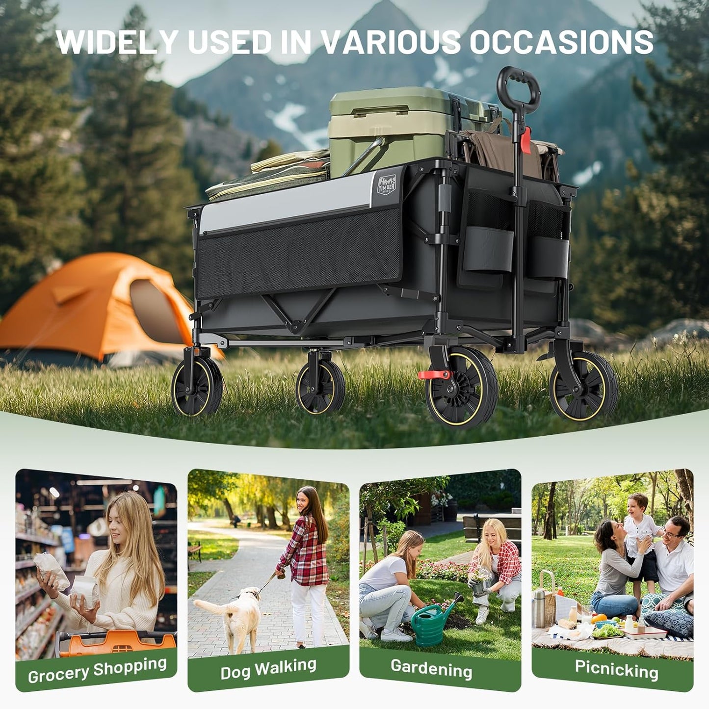 TIMBER RIDGE Collapsible Wagon Cart with Brakes, 400lbs Heavy Duty Large Capacity Compact Portable Folding Wagon, Utility Grocery Cart for Camping, Gardening, Shopping-Grey