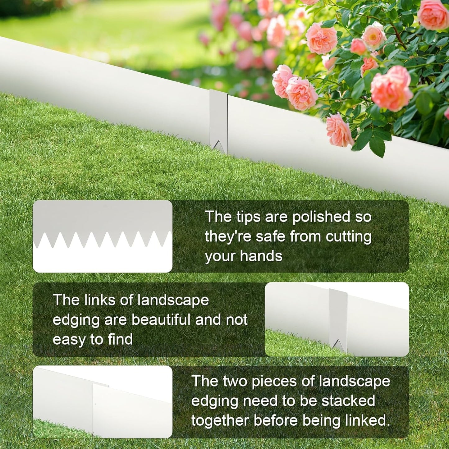 Landscape Edging Kit, Galvanized Steel Edging Landscape Lawn Edging Powder for Lawn Yard, Coated Bendable Metal Strips, No-Dig Hammer-in Edging Border w/Clips (8 INCH 6 PCS, White)