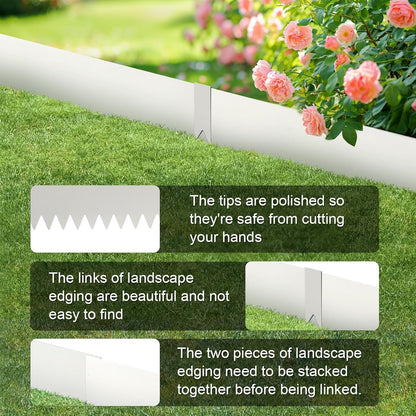 Landscape Edging Kit, Galvanized Steel Edging Landscape Lawn Edging Powder for Lawn Yard, Coated Bendable Metal Strips, No-Dig Hammer-in Edging Border w/Clips (8 INCH 6 PCS, White)