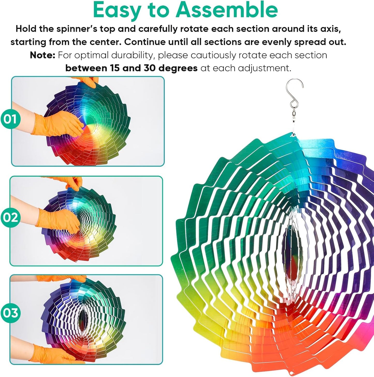 Wind Spinners Rainbow Hanging Metal Wind Sculpture Art Garden Decor, 12 inch 3D Stainless Steel Wind Spinner Decoration for Outdoor Patio Lawn and Yard
