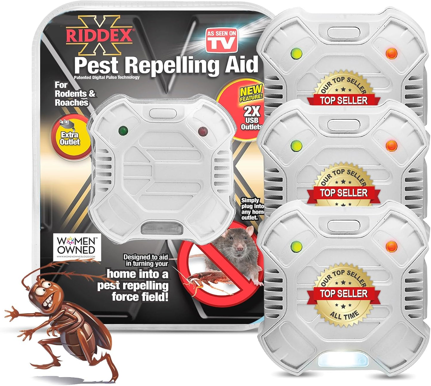 Riddex X Plus Insect Repellent - Plug in, Mouse Deterrent - Pest Reject for Defense Against Rats, Mice, Roaches, Bugs and Insects - Control Pests with No Toxins, 3-Pack