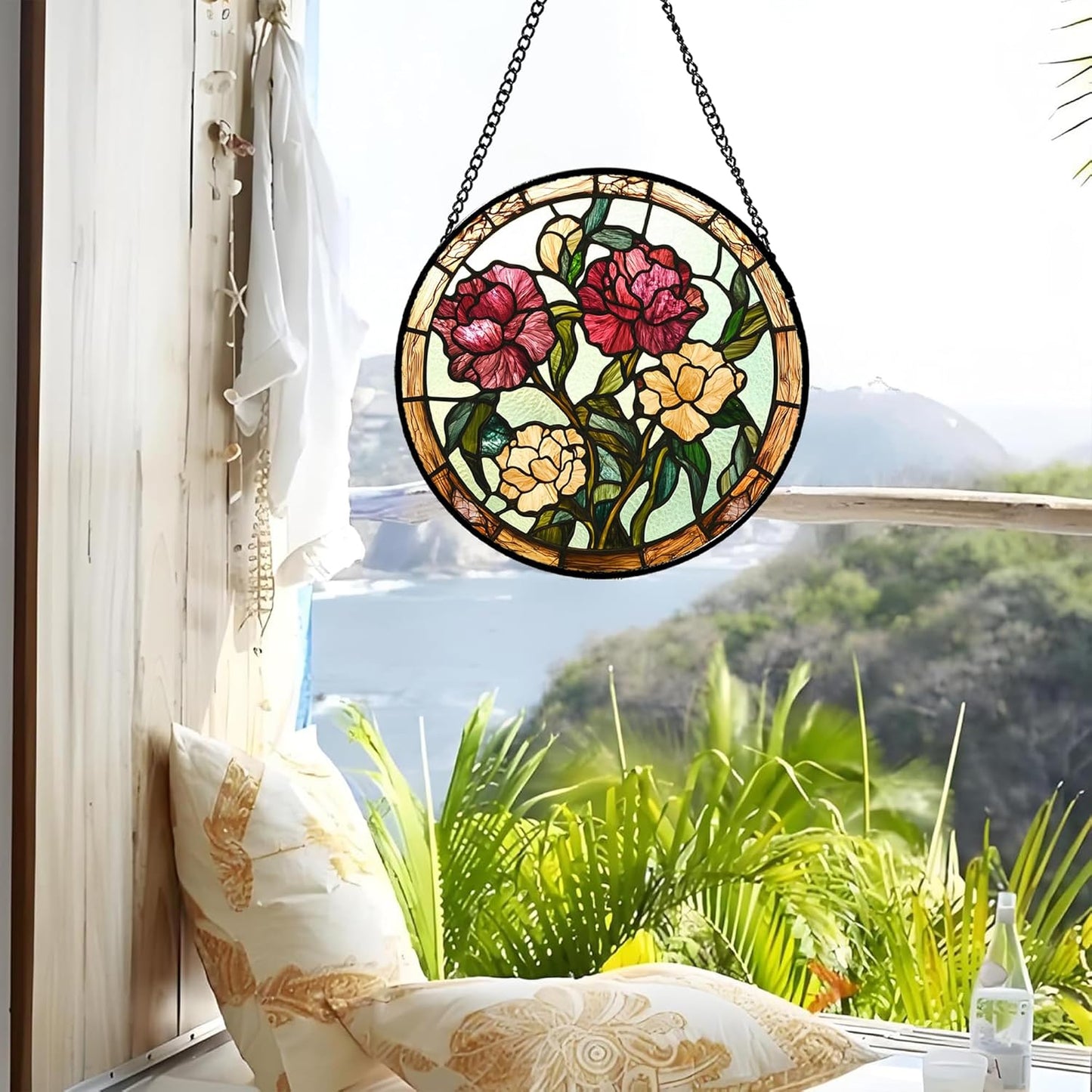 Stained Glass Window Hanging - Birth Flower Carnation Suncatcher for Doors Garden Yard Red Yellow Sun Catchers Decor Christmas Mother's Day Birthday Gifts for Teacher Women Mom Nana 7.8 in
