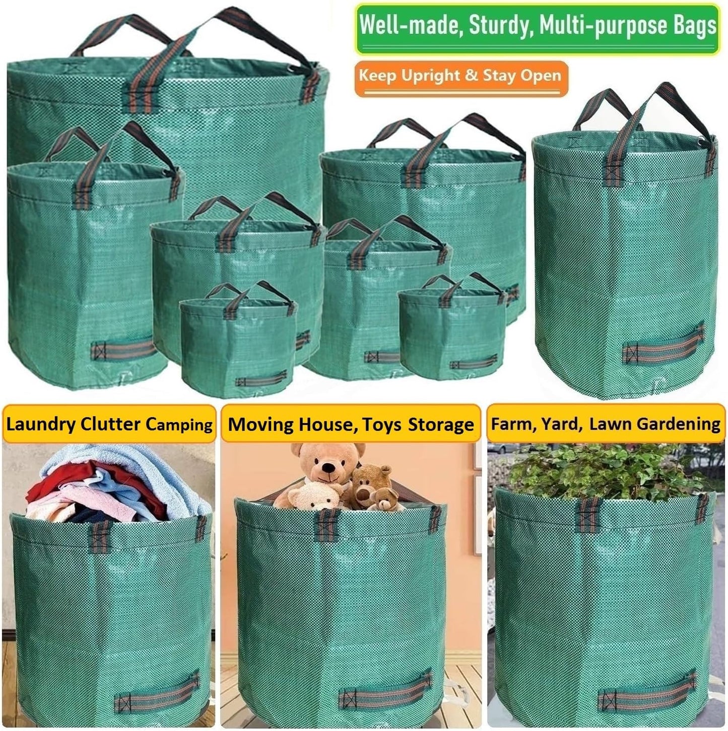 Standard 3-Pack 46 Gallon Yard Garden Bags (D26, H19 inch) with Garden Gloves, Leaf Bags,Yard Waste Bags,Recycling Bag,Camping Waste Bin,Laundry Bag,Lawn Debris,Grass Clippings,Weeds Barrel 4 Handles