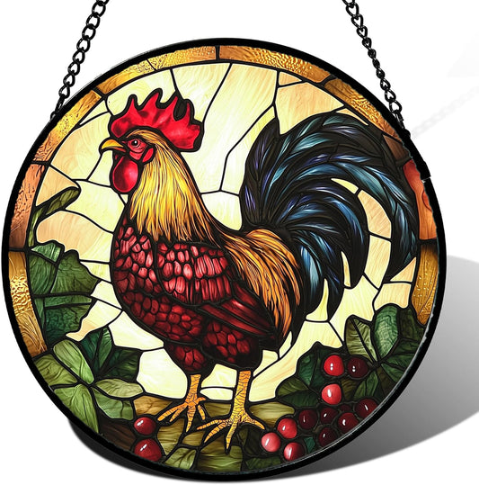 Stained Glass Window Hanging, Colorful Big Cock Sun Catcher for Window Door Home Decor, Chicken