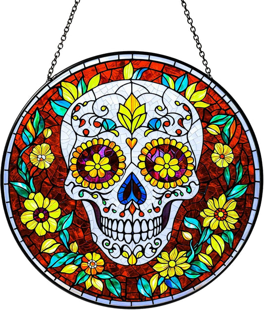 Dia De Los Muertos Sugar Skull Stained Glass Window Hanging Skull Sun Catcher Halloween Decor